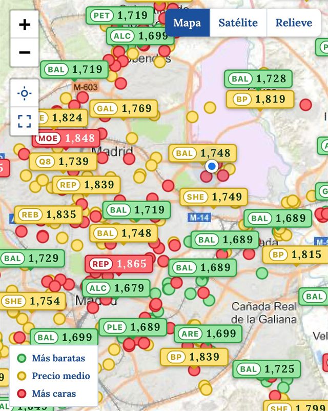 Mapa de gasolineras de Madrid con precios y colores de semáforo